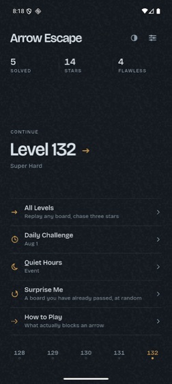 Arrow Escape home screen with progress stats and a Continue button for level 132, plus Daily Challenge and How to Play.