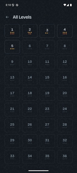 The All Levels grid showing solved levels and the stars earned on each.