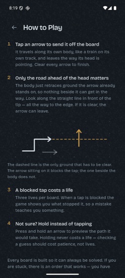 The How to Play screen explaining, with a diagram, which arrow actually blocks a move.