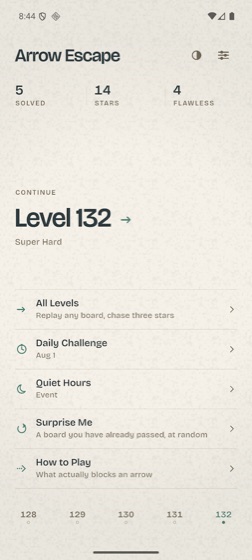 The same home screen in the game's warm light paper theme.