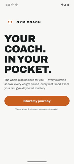 Gym Coach welcome screen: your coach in your pocket, with a Start my journey button.