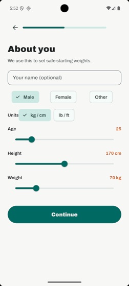 The About you setup: name, gender, units, and sliders for age, height and weight.