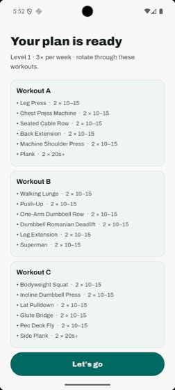 A ready beginner plan with Workout A, B and C and the sets and reps for each exercise.