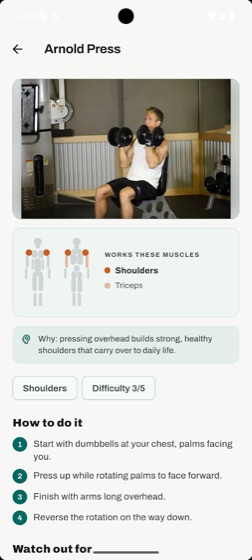 An exercise page for the Arnold Press with a demo, the muscles it works, and step-by-step form.
