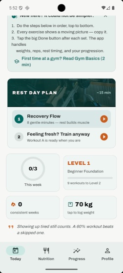 The Today dashboard: a rest-day recovery plan, Level 1 progress, and weekly tracking.