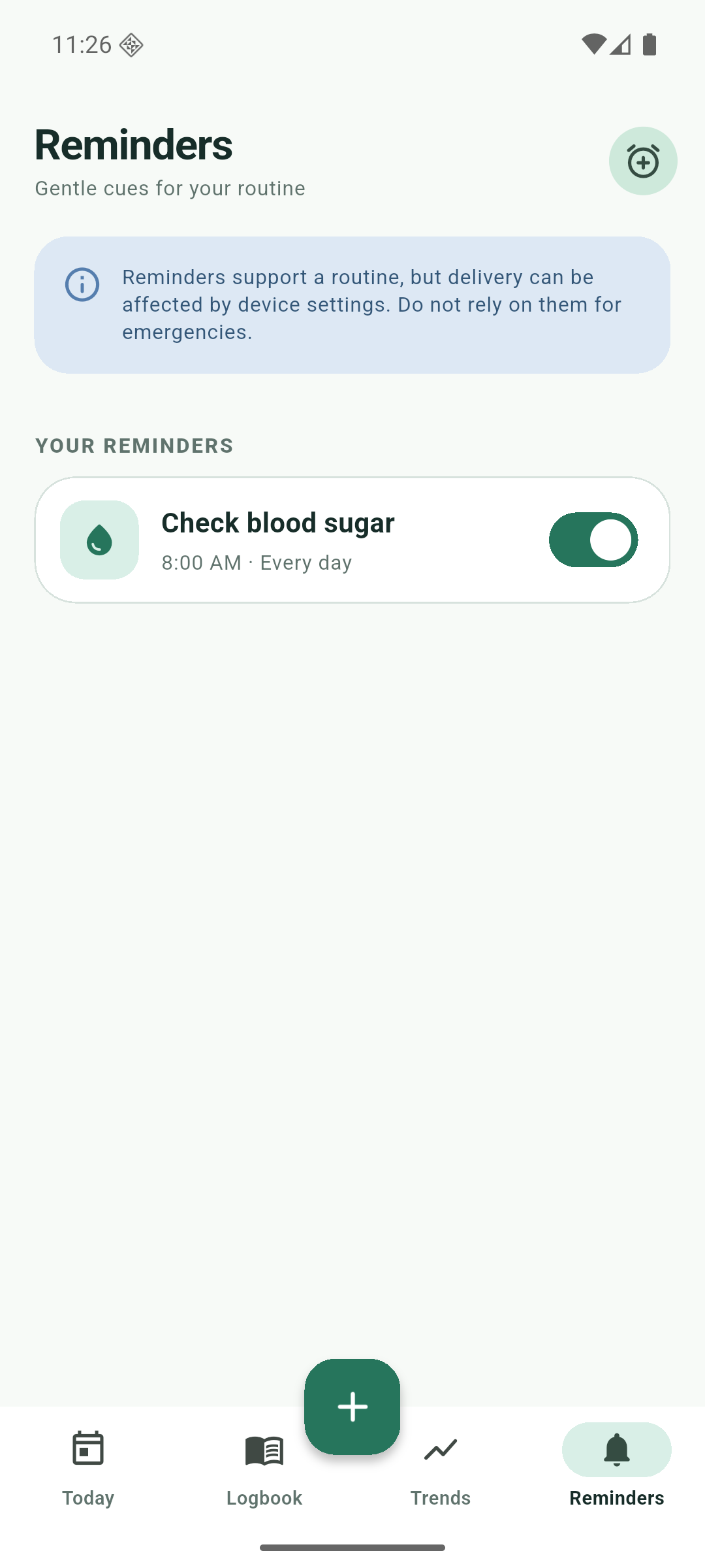 Reminder list for glucose, medicine, meals, activity and appointments.