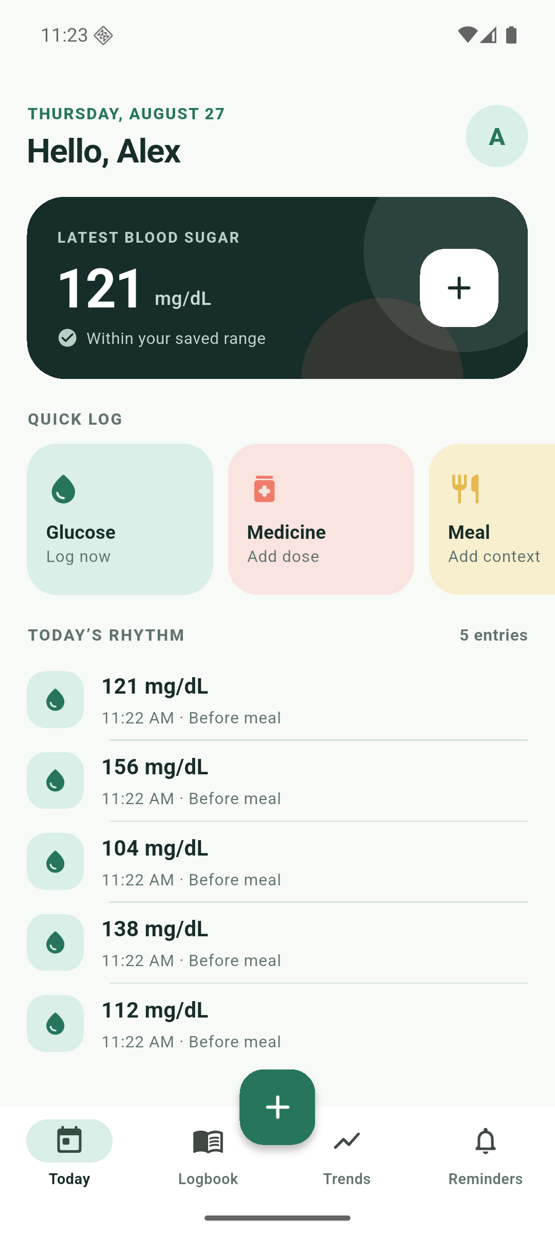 Today screen with quick glucose, medicine and meal logging plus a daily timeline.