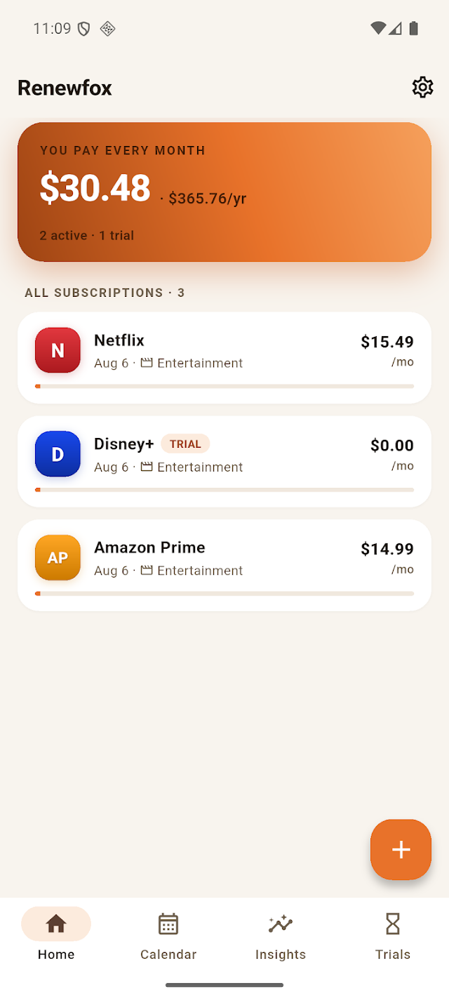 Renewfox home screen showing a $30.48 monthly total and a list of subscriptions: Netflix, Disney+ on a free trial, and Amazon Prime.