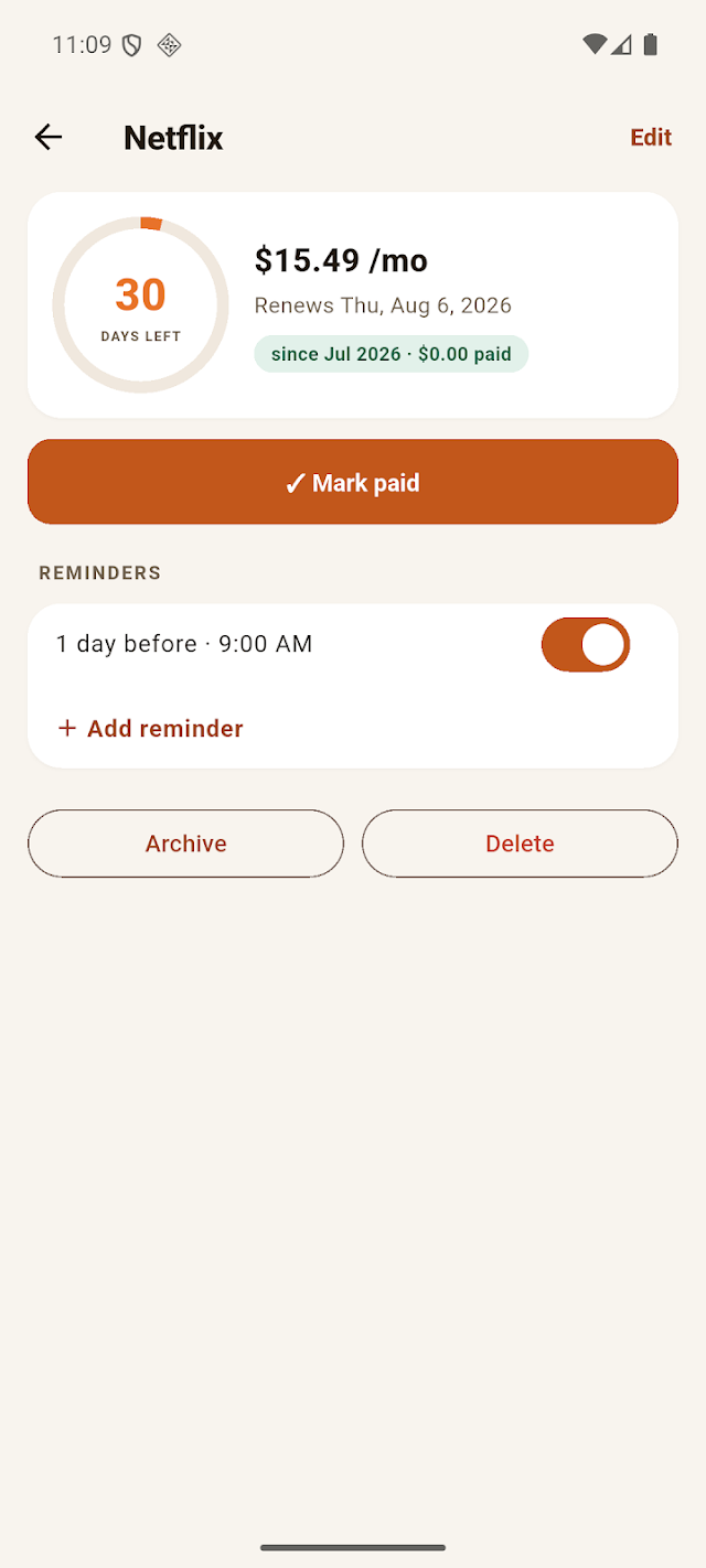 Subscription detail for Netflix with a days-left ring, a Mark paid button, and a renewal reminder.