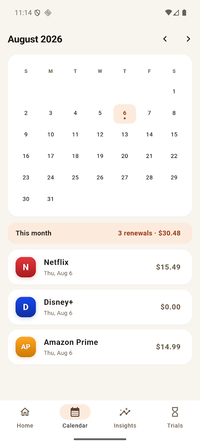 Calendar view for August 2026 with renewal dates marked and a this-month total.