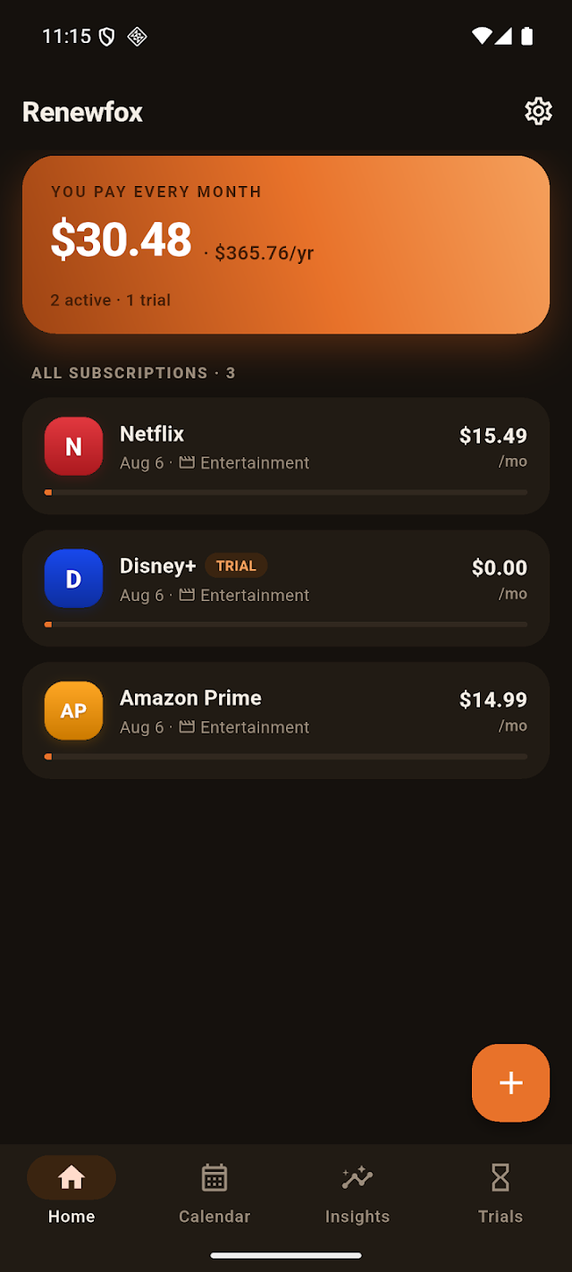 The same home screen in dark mode, with warm dark surfaces instead of pure black.